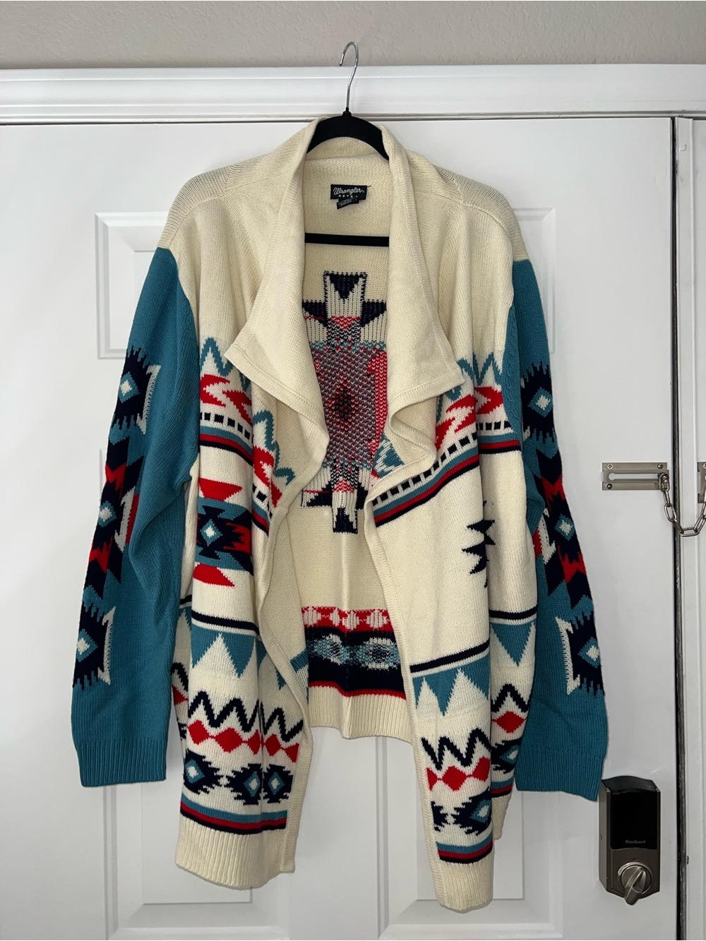 Wrangler Cream, Teal & Red Geometric Open-Front Cardigan